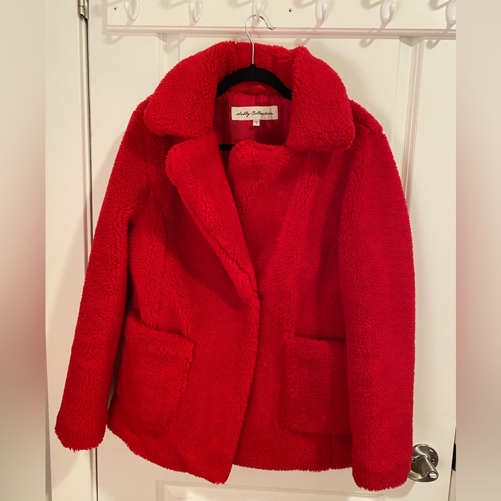 Sebby Collection Red Faux Fur Overcoat